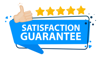 Icon representing a thumbs-up emoji, five gold stars, and the text "SATISFACTION GUARANTEE